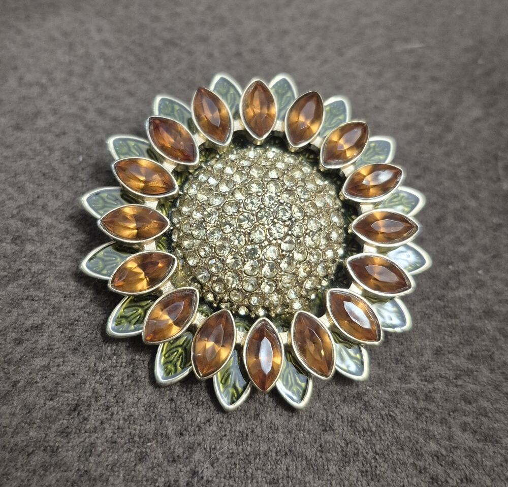 Signed Napier Sunflower Brooch Amber Rhinestones Green Enamel Gold Tone Pin